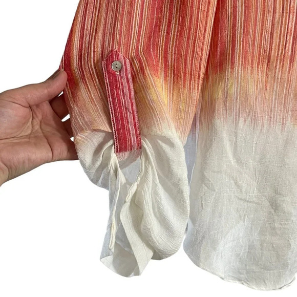 Zac & Rachel Petite Large Ombre Blouse Pink White Front Pocket Roll Tab Sleeves - Picture 4 of 7